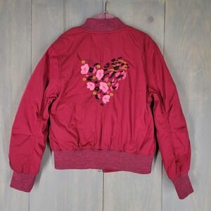 Catimini Bomber Jacket Kids 6 Pink Red Embroidered Heart Floral Leopard Zip